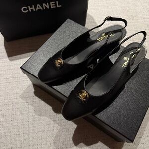 CHANEL Black Slingback Mules with Gold CC Hardware